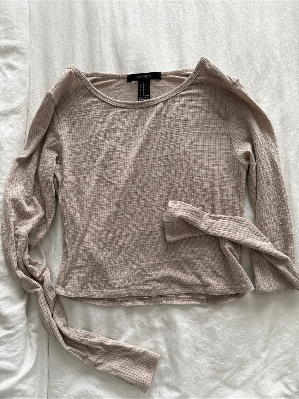 Forever 21 Light Beige Ribbed Long Sleeve Tie-Waist Top cropped